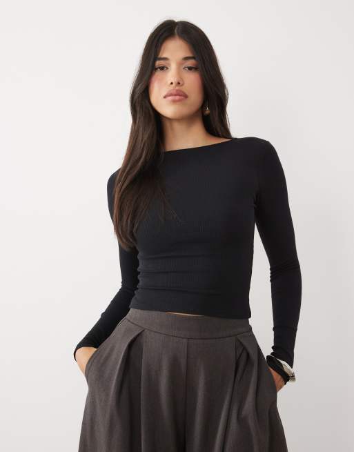 Oh Polly ribbed modal boat neck ruched top in black, 2 of 4