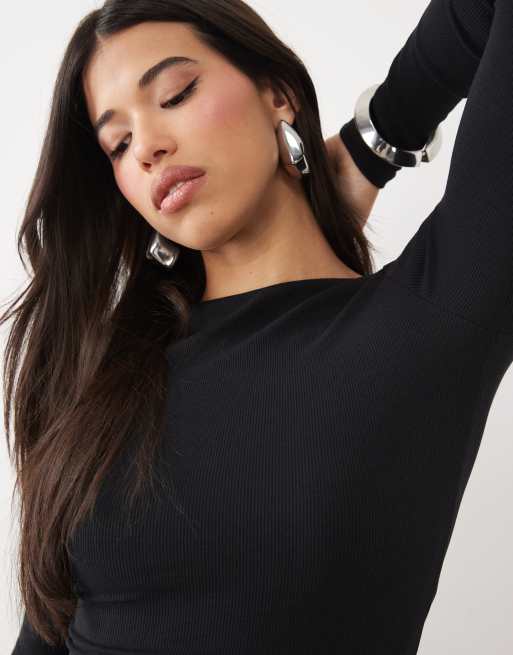 Oh Polly ribbed modal boat neck ruched top in black, 4 of 4