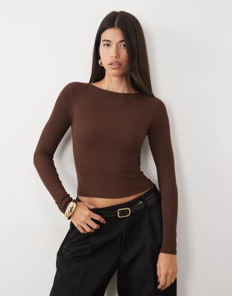 Oh Polly ribbed modal boat neck ruched top in chocolate - view 1