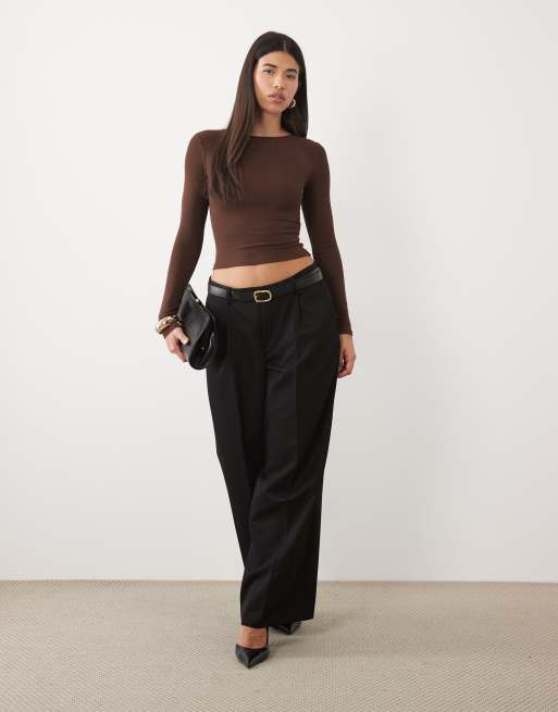 Oh Polly ribbed modal boat neck ruched top in chocolate, 2 of 4