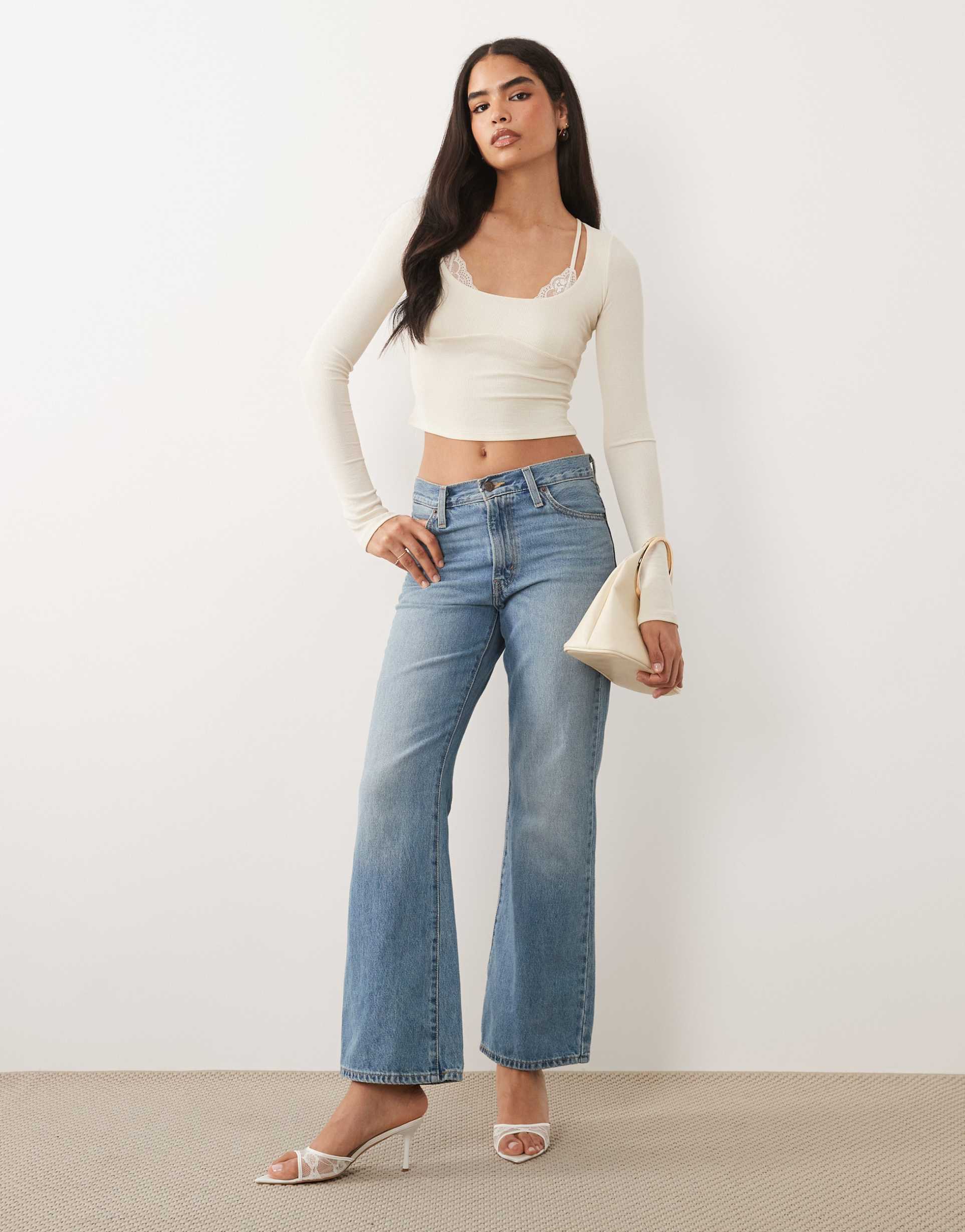 oh polly ribbed modal lace bra detail long top in ivory