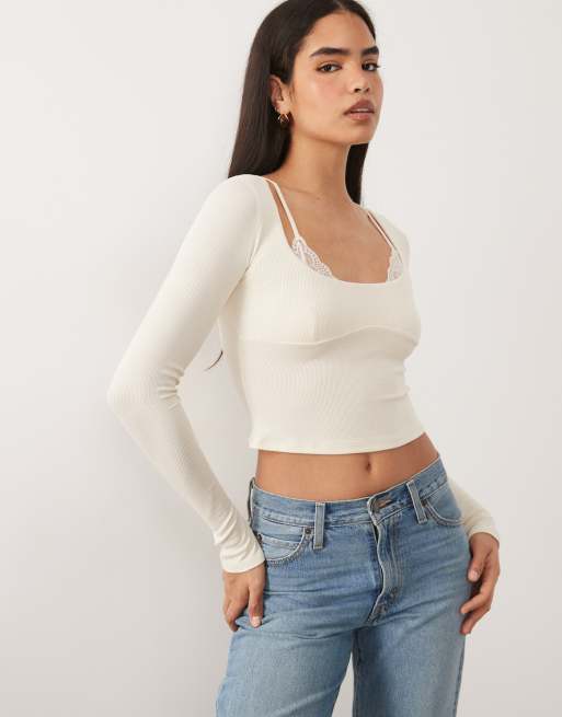 Oh Polly ribbed modal lace bra detail long top in ivory, 2 of 4