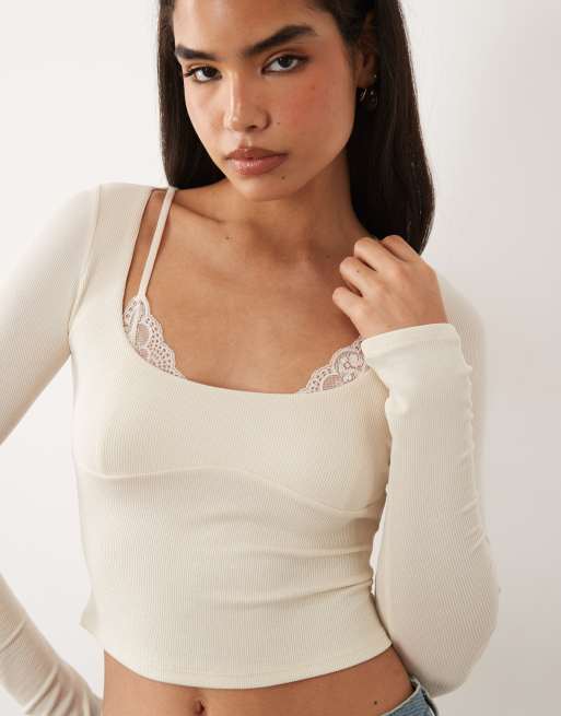 Oh Polly ribbed modal lace bra detail long top in ivory, 3 of 4