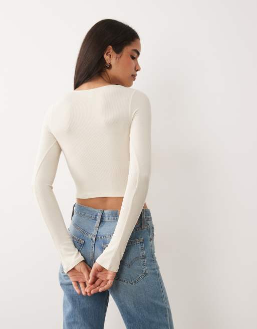 Oh Polly ribbed modal lace bra detail long top in ivory, 4 of 4