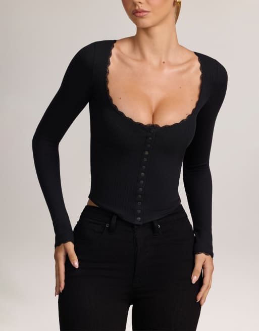 Oh Polly ribbed modal lace trim cardigan in black, 2 of 4