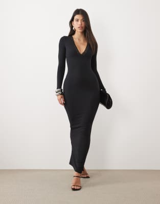 Oh Polly Ribbed Modal Lace Trim Plunge Neck Maxi Dress In Black