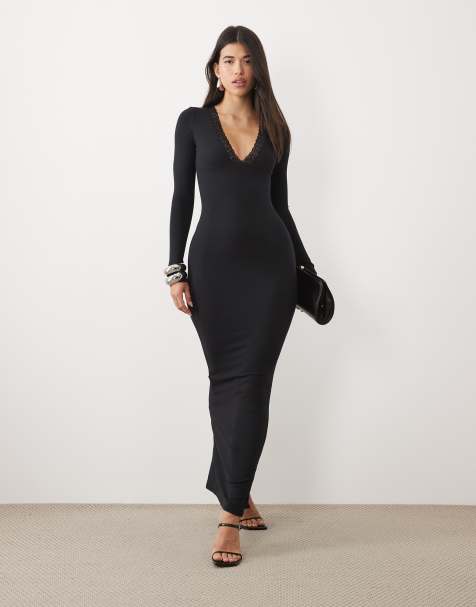 Oh Polly ribbed modal lace trim plunge neck maxi dress in black - view 1