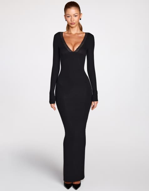 Oh Polly ribbed modal lace trim plunge neck maxi dress in black