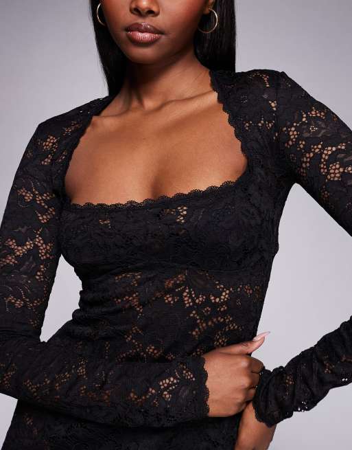 Oh Polly - Robe courte en dentelle à encolure carrée et manches longues - Noir, 3 de 4
