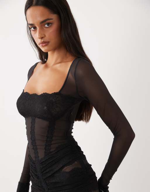 Oh Polly - Robe courte en dentelle à encolure carrée et manches longues - Noir, 3 de 4