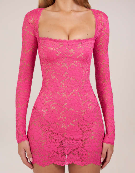 Oh Polly - Robe courte en dentelle à encolure carrée et manches longues - Rose, 4 de 4