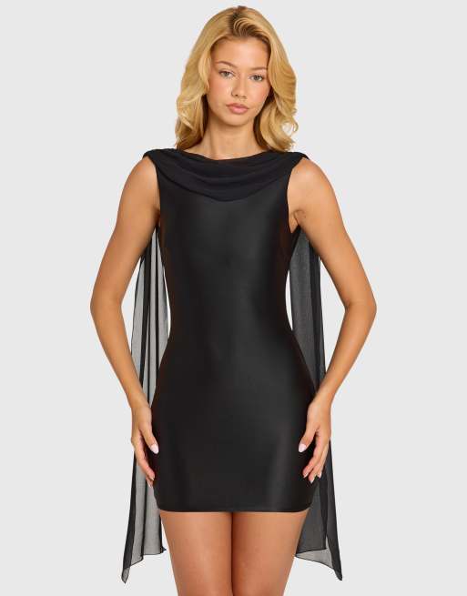 Oh Polly robe courte en satin à drapé, dos nu et détail écharpe, noire, 3 de 4