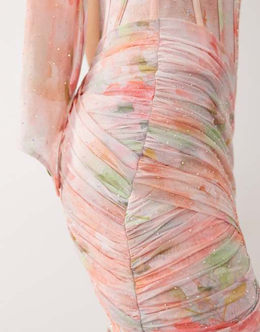 Oh Polly - Robe courte et ornementée de qualité supérieure à imprimé fleuri avec taille corset et dos nu - Rose , 2 de 4