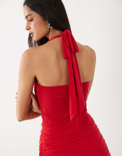 Oh Polly robe courte rouge à col halter, corsage froncé et jupe croisée, 3 de 4