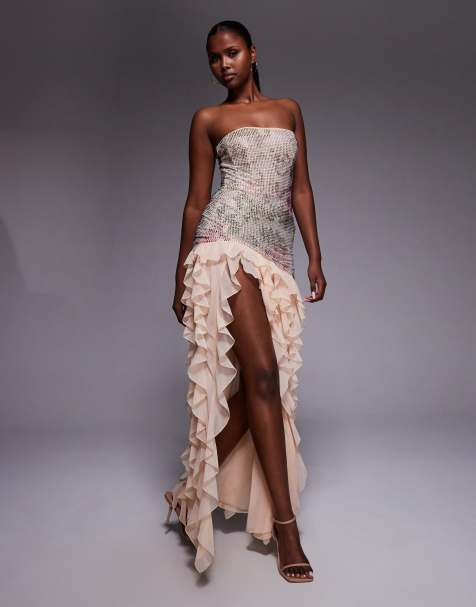 Oh Polly - Robe longue à strass et ourlet plongeant - Rose - view 1