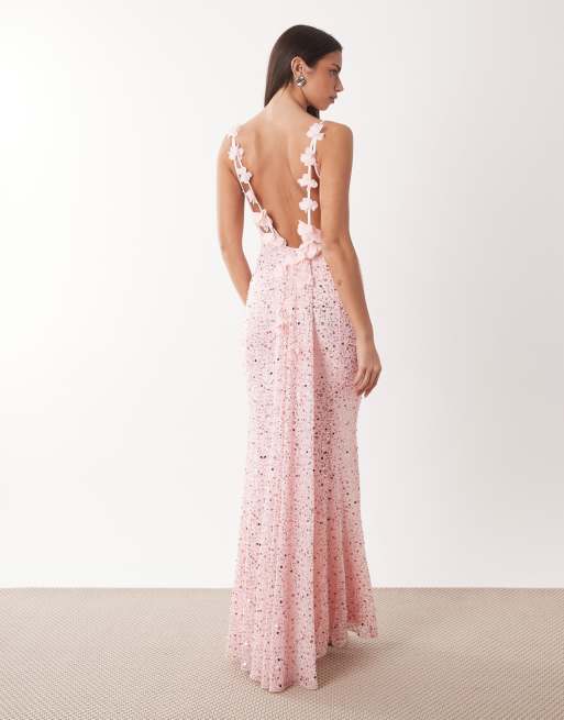 Oh Polly - Robe longue de qualité supérieure à fleurs et ornements avec dos ouvert - Rose pastel, 3 de 4