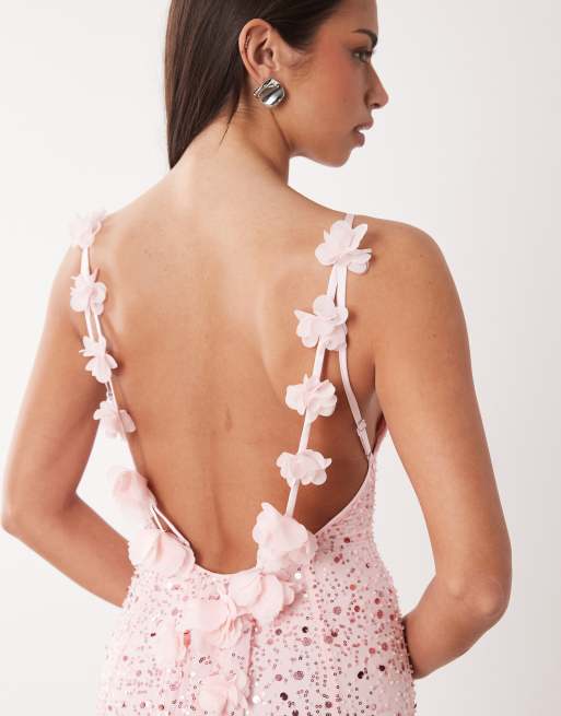 Oh Polly - Robe longue de qualité supérieure à fleurs et ornements avec dos ouvert - Rose pastel, 4 de 4