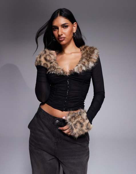 Oh Polly ruched mesh faux fur leopard trim hook and eye detail top in black - view 1