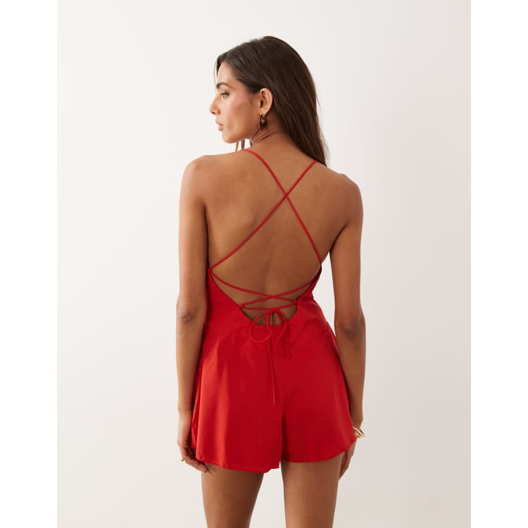 Oh Polly ruched sweetheart neck backless romper in red | ASOS