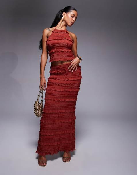 Oh Polly ruffled mid-Rise maxi skirt co-ord in burnt red