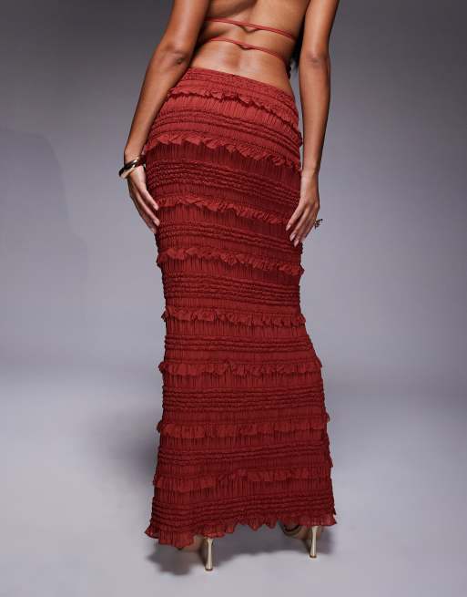 Oh Polly ruffled mid-Rise maxi skirt co-ord in burnt red, 2 of 5