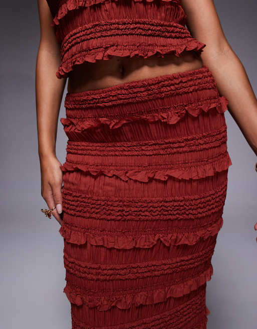 Oh Polly ruffled mid-Rise maxi skirt co-ord in burnt red, 3 of 5