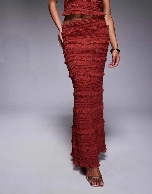 Oh Polly ruffled mid-Rise maxi skirt co-ord in burnt red, 4 of 5
