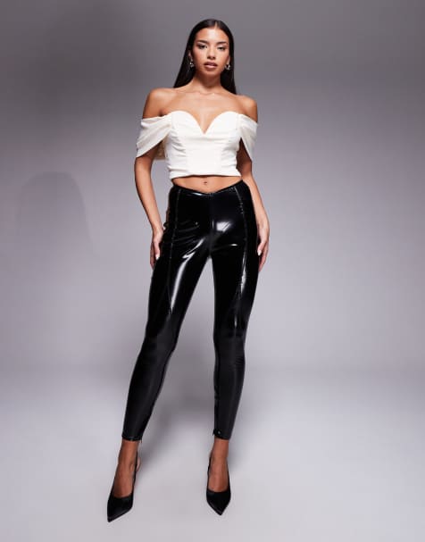 Oh Polly Samara vinyl v-waist leggings in black - view 1