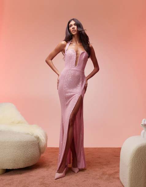 Oh Polly Sansel embellished halterneck maxi in lavender pink