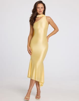 Oh Polly Satin Asymmetric Scarf Detail Midi Dress In Multi