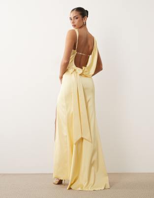 Oh Polly Satin Cowl Drape Detail Open Back Thigh Split Maxi Dress In Yellow