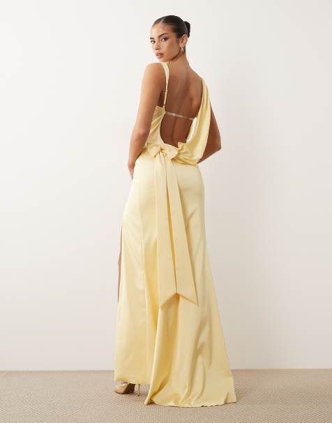 Oh Polly satin cowl drape detail open back thigh split maxi dress in butter yellow - view 1