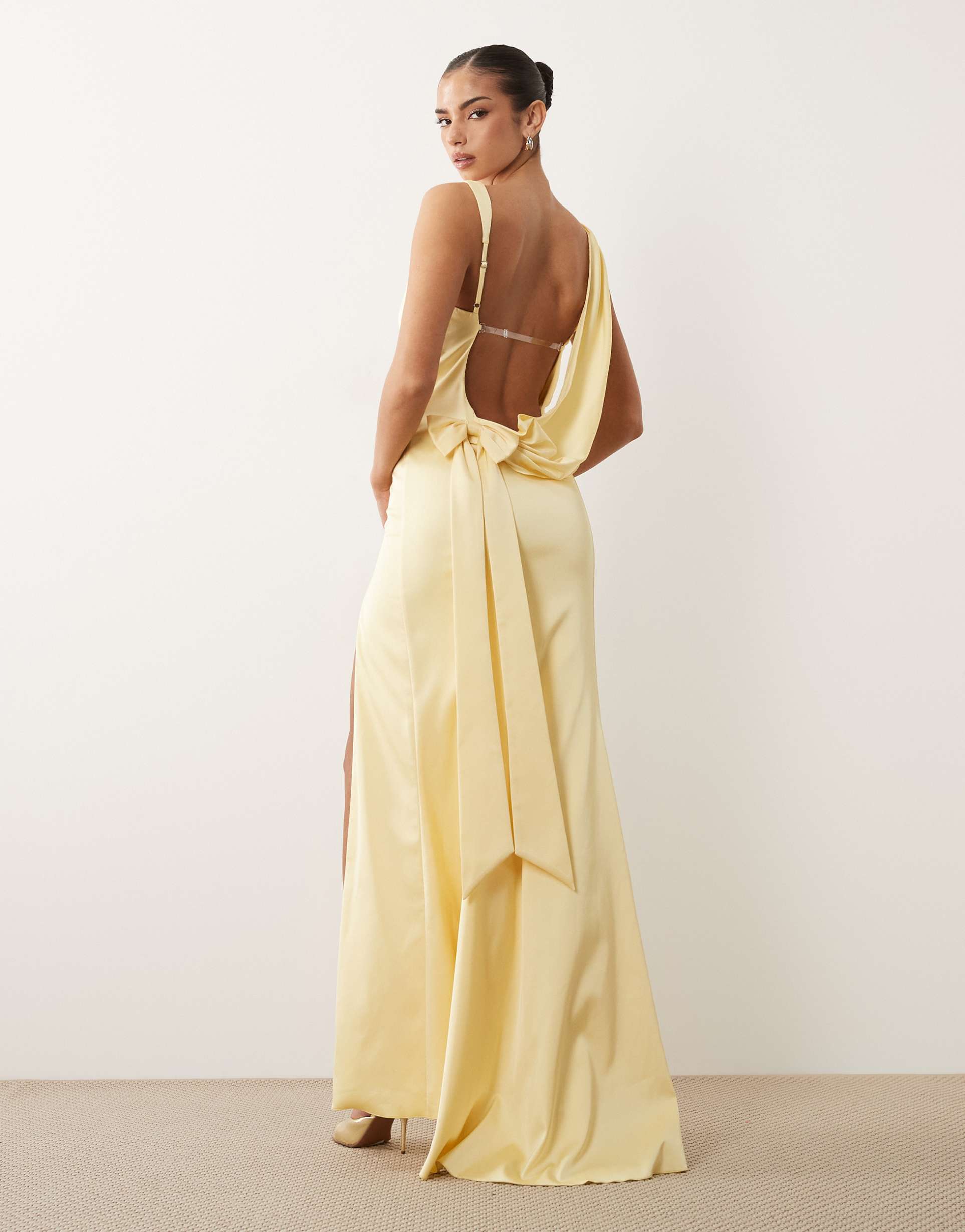 oh polly satin cowl drape detail open back thigh split maxi dress in butter yellow