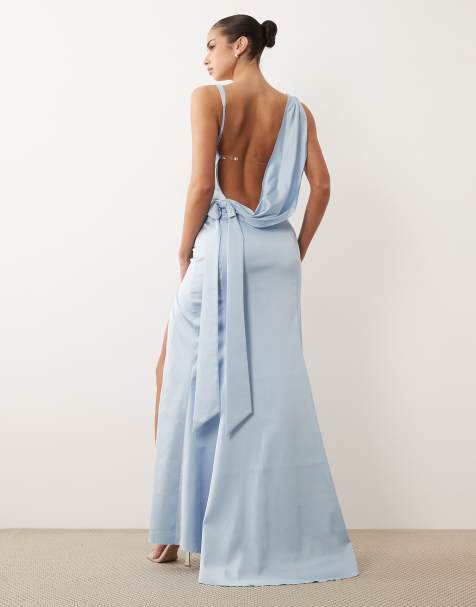 Oh Polly satin cowl drape open back detail thigh split maxi dress in powder blue - view 1