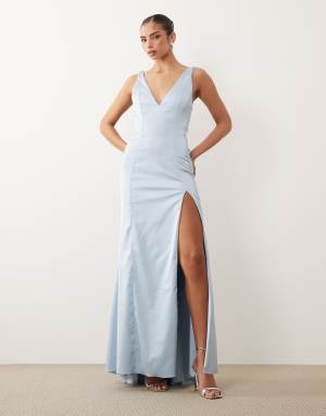 Oh Polly satin cowl drape open back detail thigh split maxi dress in powder blue