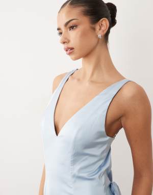 Oh Polly satin cowl drape open back detail thigh split maxi dress in powder blue