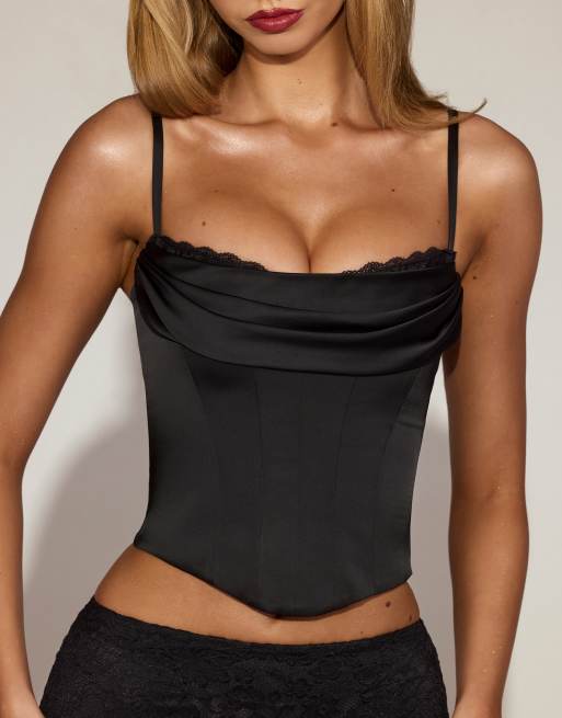 Oh Polly satin cowl neck peekaboo lace trim corset top in black, 3 of 4