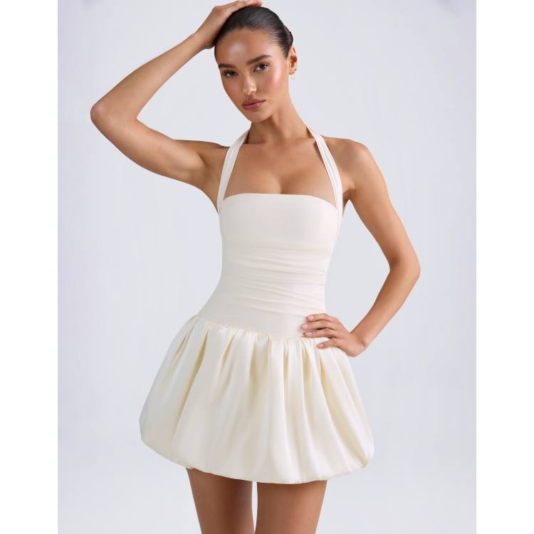 halter neck ruched mini dress in ivory Halterneck Lace-Up Bubble Hem Corset Micro - 6 White dress