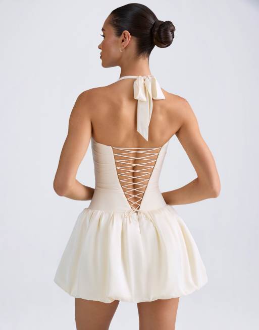 Oh Polly satin halter neck ruched bubble hem mini dress in ivory, 2 of 4