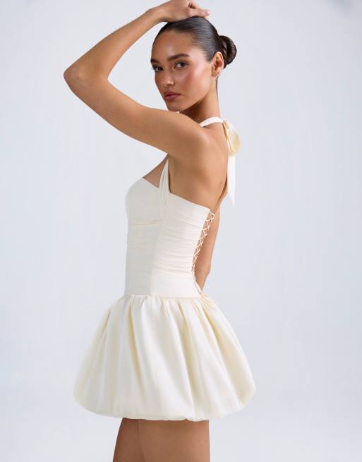 Oh Polly satin halter neck ruched bubble hem mini dress in ivory, 4 of 4