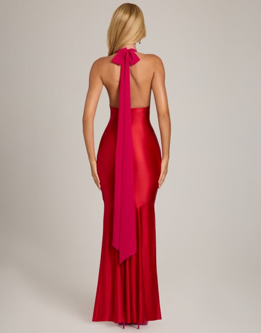 Oh Polly satin jersey chiffon plunge halter neck maxi dress in red, 2 of 4