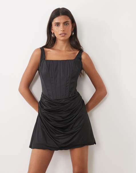 Oh Polly satin lace up corset draped mini dress in black