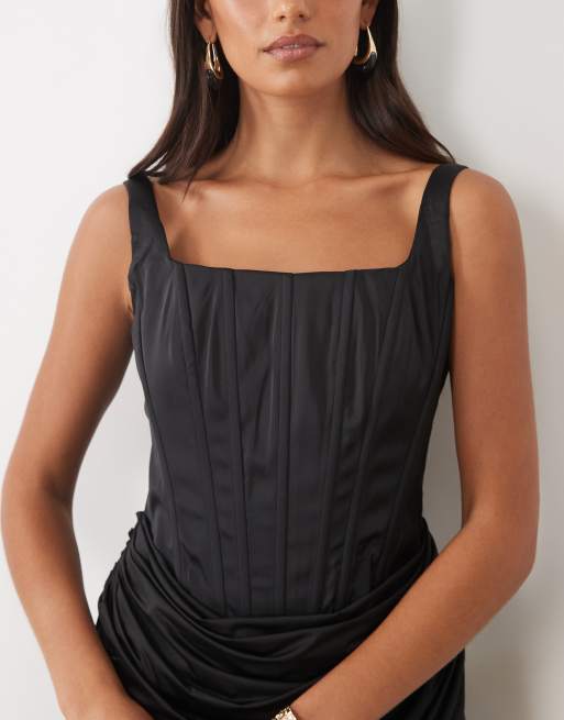 Oh Polly satin lace up corset draped mini dress in black, 3 of 4
