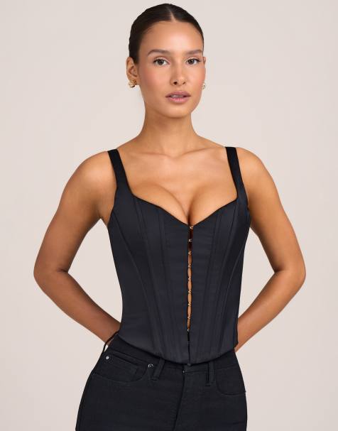 Oh Polly satin scoop neck hook and eye corset top co-ord in black - view 1