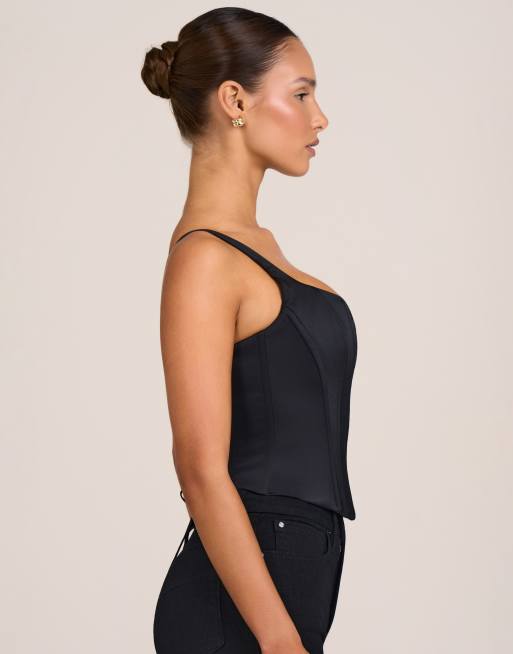 Oh Polly satin scoop neck hook and eye corset top co-ord in black, 3 of 4