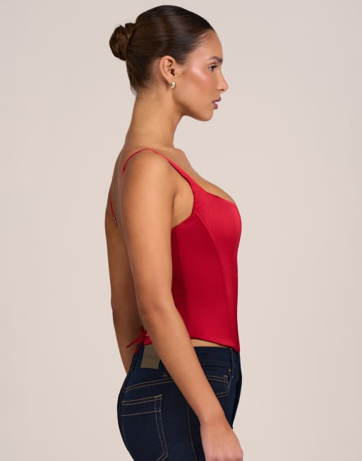 Oh Polly satin scoop neck hook and eye corset top in red, 2 of 4