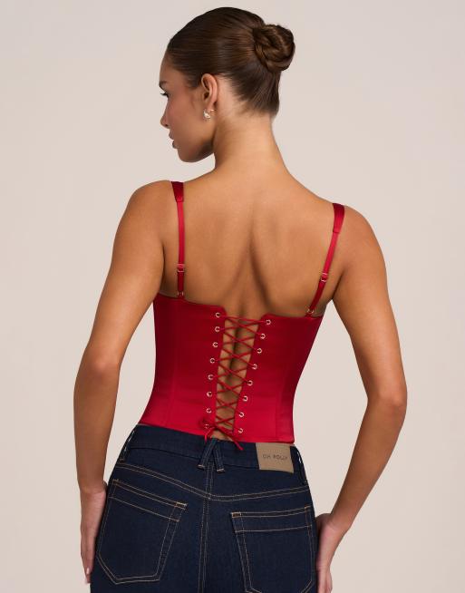 Oh Polly satin scoop neck hook and eye corset top in red, 3 of 4