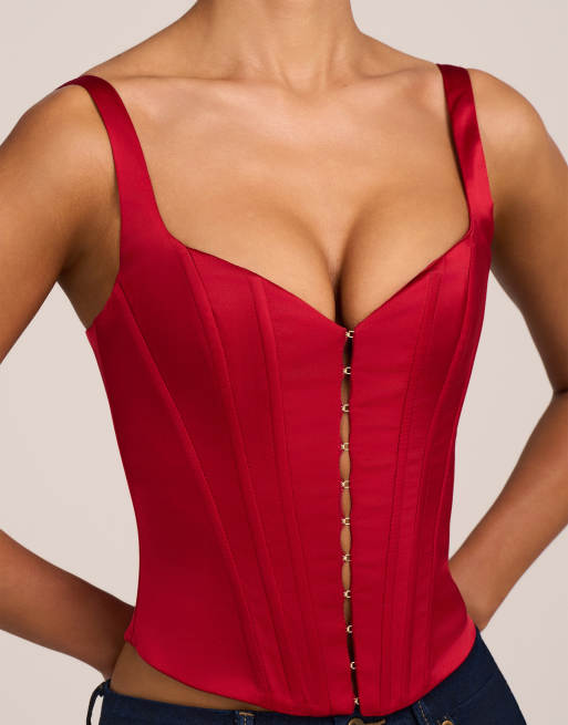 Oh Polly satin scoop neck hook and eye corset top in red, 4 of 4