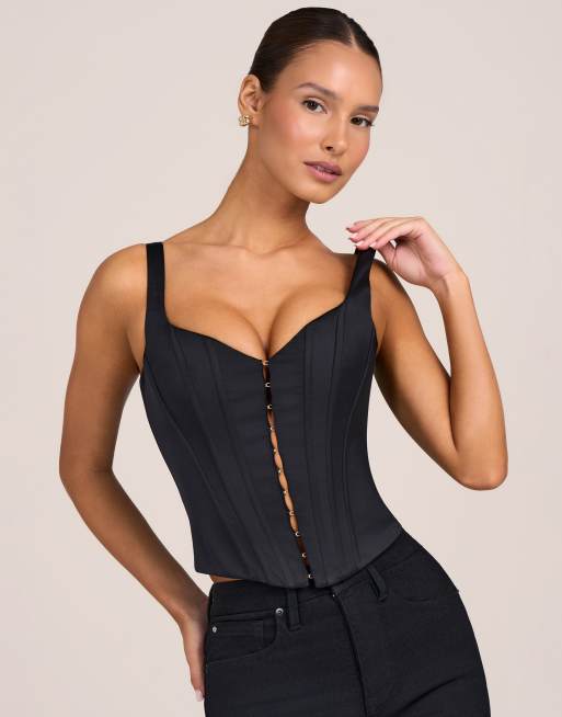 Oh Polly satin scoop neck hook and eye corset top set in black, 2 of 4