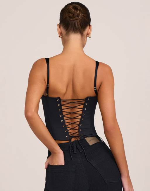 Oh Polly satin scoop neck hook and eye corset top set in black, 4 of 4
